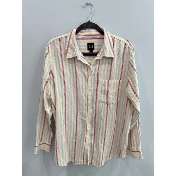 GAP Linen Blend Striped Button Up Shirt Women's Large Long Sleeve Casual - Picture 3 of 11